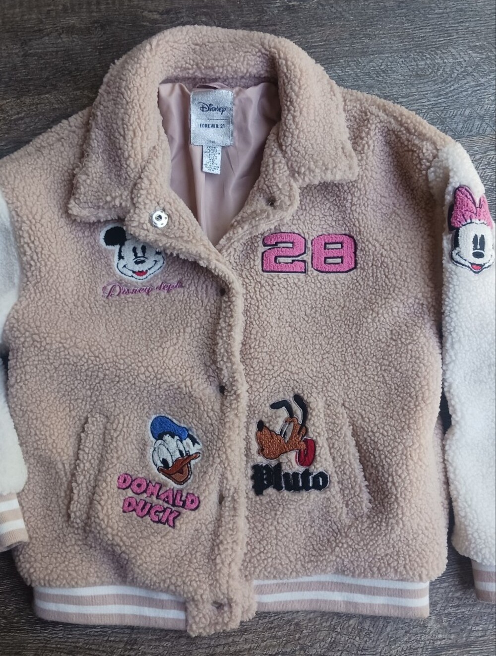 Disney Varsity Jacket Kids Girls 13/14 Sherpa Style 7 LOGO PATCH Mickey Pluto